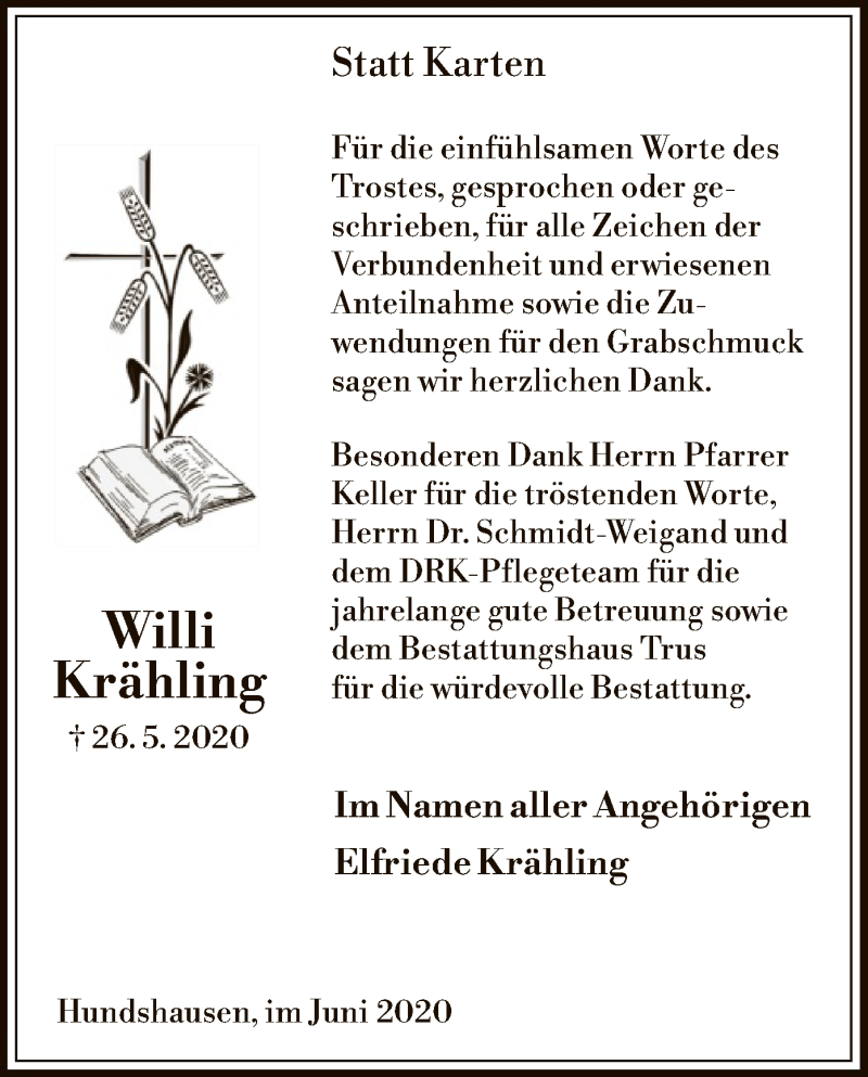  Traueranzeige für Willi Krähling vom 27.06.2020 aus HNA
