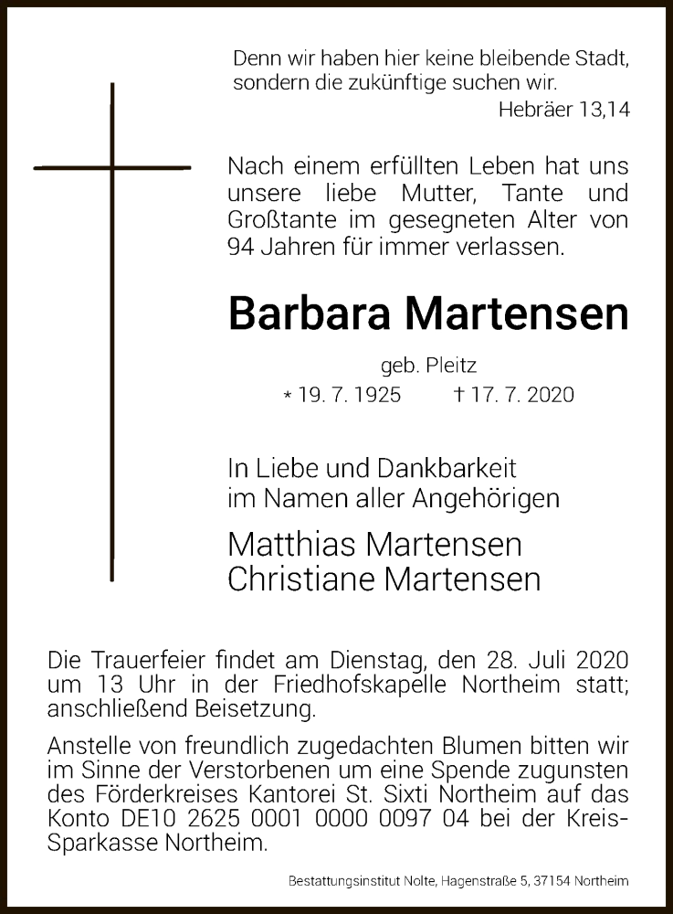  Traueranzeige für Barbara Martensen vom 25.07.2020 aus HNA