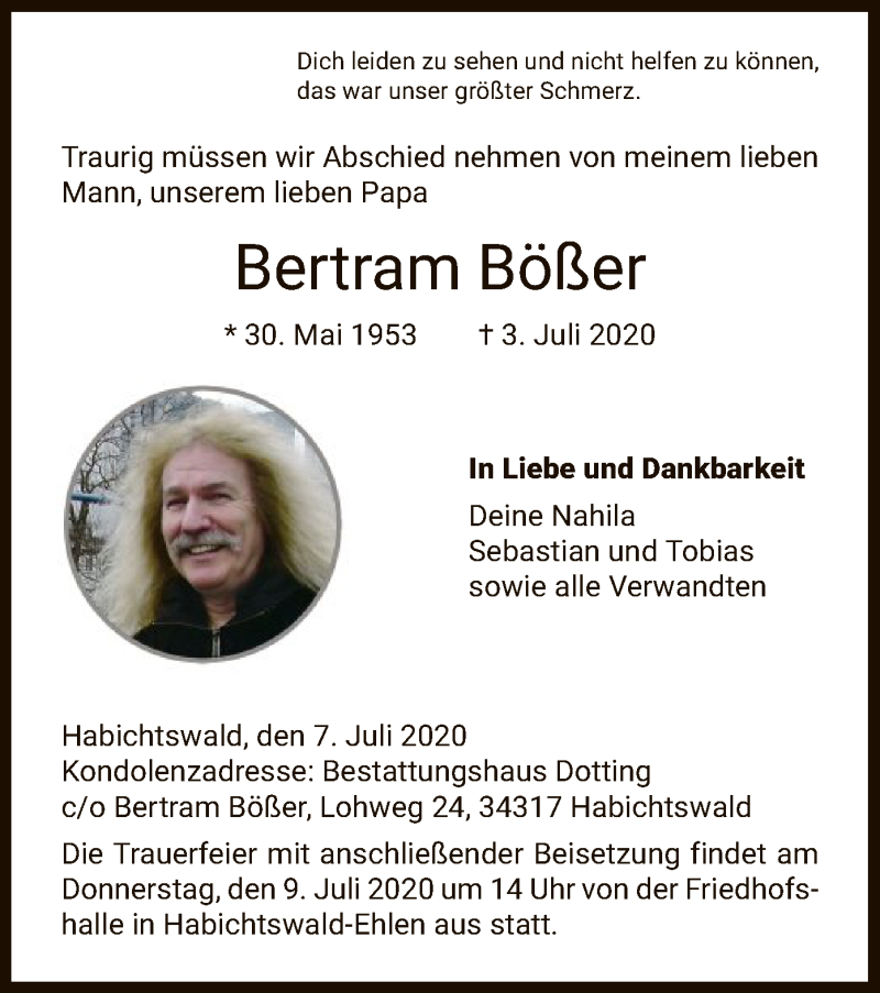  Traueranzeige für Bertram Bößer vom 07.07.2020 aus HNA