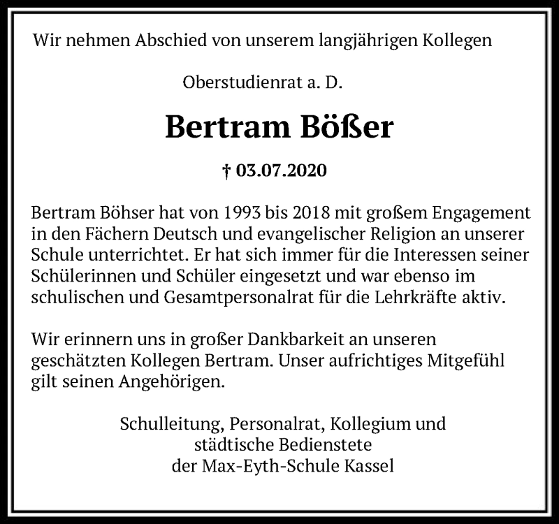  Traueranzeige für Bertram Bößer vom 08.07.2020 aus HNA