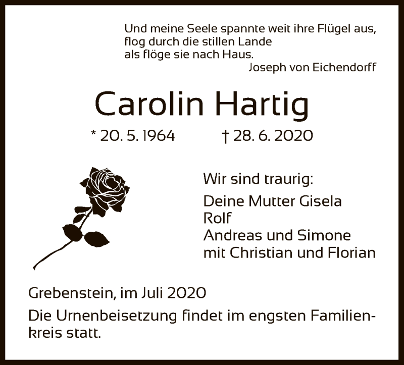  Traueranzeige für Carolin Hartig vom 02.07.2020 aus HNA