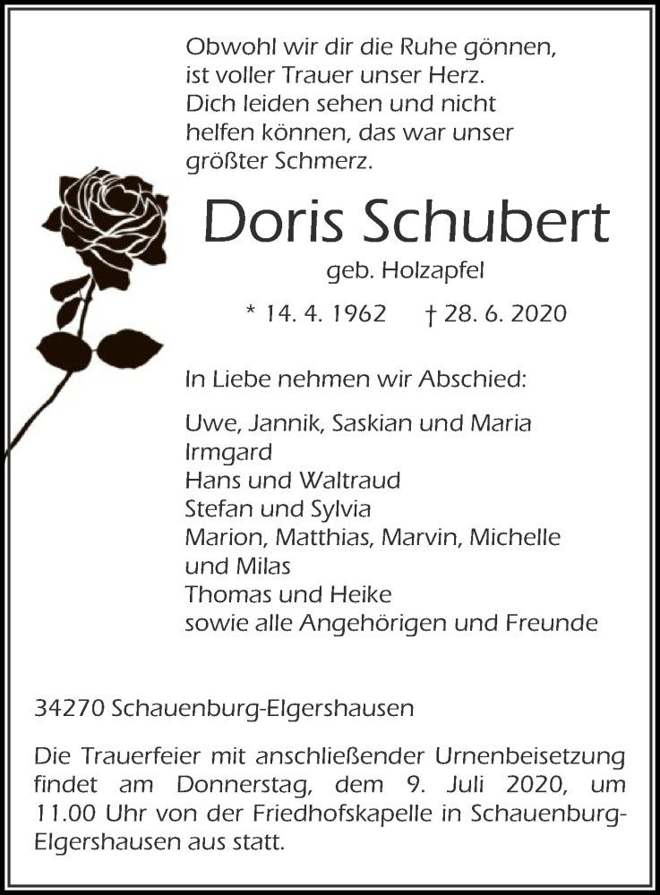  Traueranzeige für Doris Schubert vom 04.07.2020 aus HNA