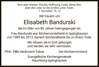 Traueranzeige von Elisabeth Bandurski von HNA