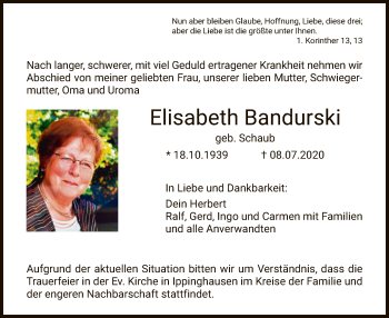 Traueranzeige von Elisabeth Bandurski von HNA