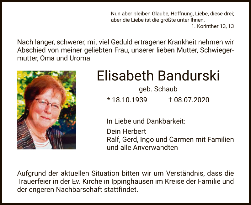  Traueranzeige für Elisabeth Bandurski vom 11.07.2020 aus HNA