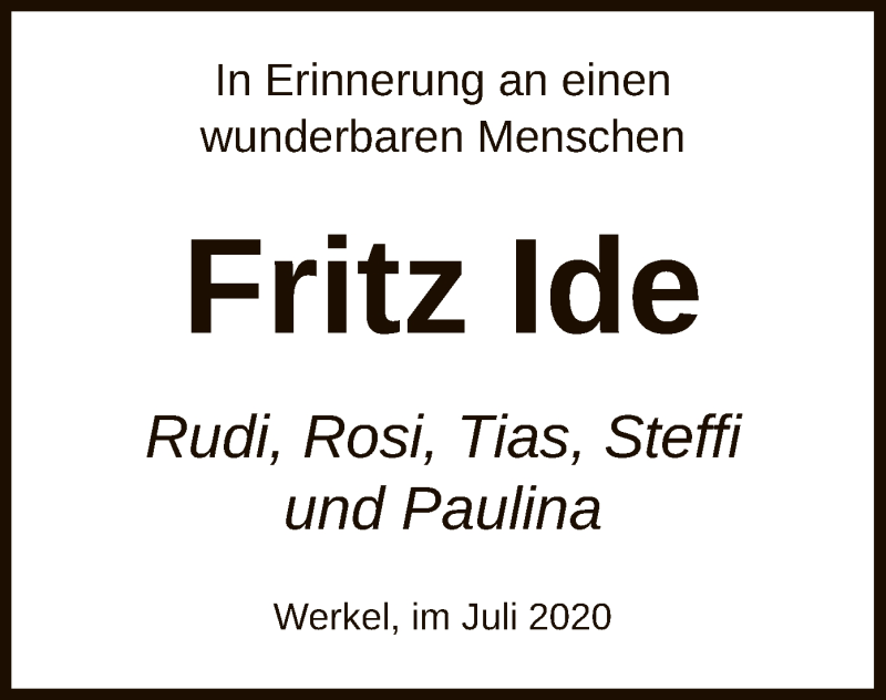  Traueranzeige für Fritz Ide vom 24.07.2020 aus HNA