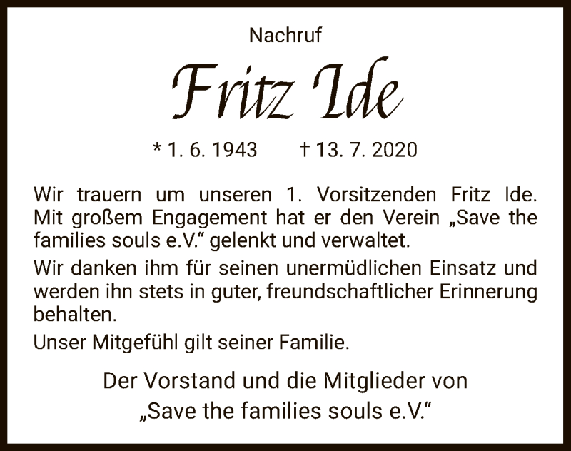  Traueranzeige für Fritz Ide vom 23.07.2020 aus HNA