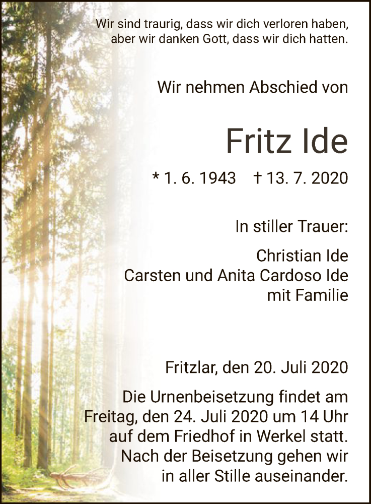  Traueranzeige für Fritz Ide vom 20.07.2020 aus HNA