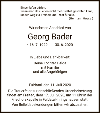 Traueranzeige von Georg Bader von HNA