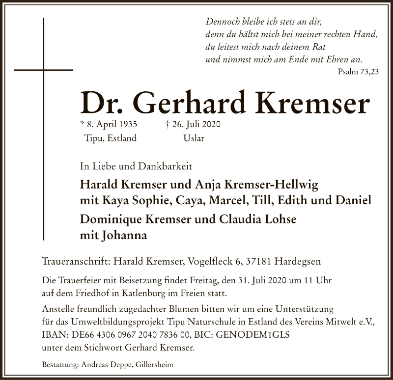  Traueranzeige für Gerhard Kremser vom 29.07.2020 aus HNA
