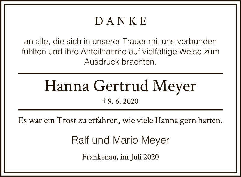  Traueranzeige für Hanna Gertrud Meyer vom 04.07.2020 aus HNA