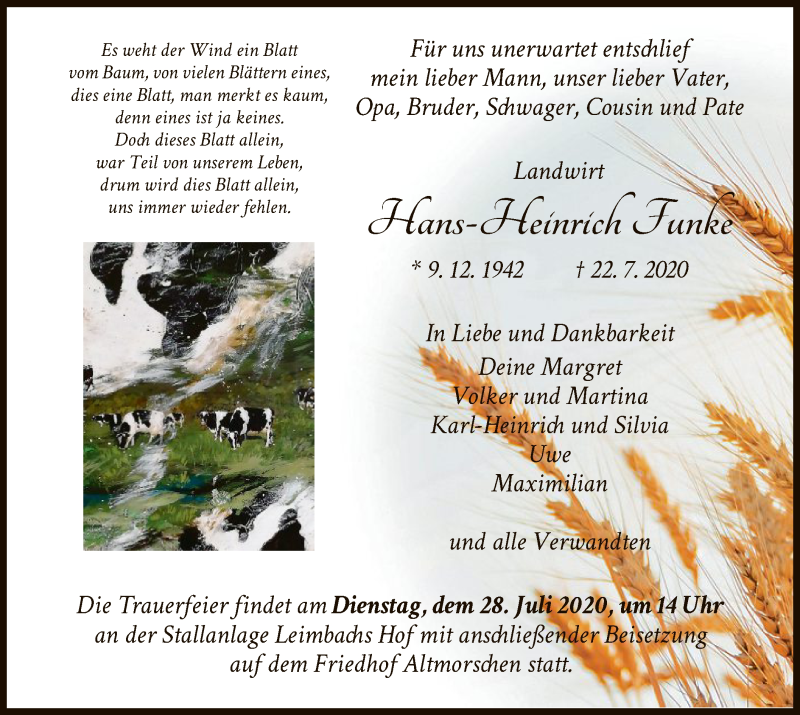  Traueranzeige für Hans-Heinrich Funke vom 25.07.2020 aus HNA