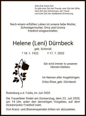 Traueranzeige von Helene Dürnbeck von HNA