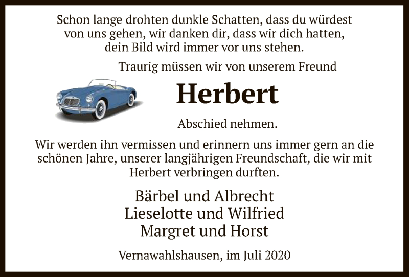  Traueranzeige für Herbert  vom 28.07.2020 aus HNA