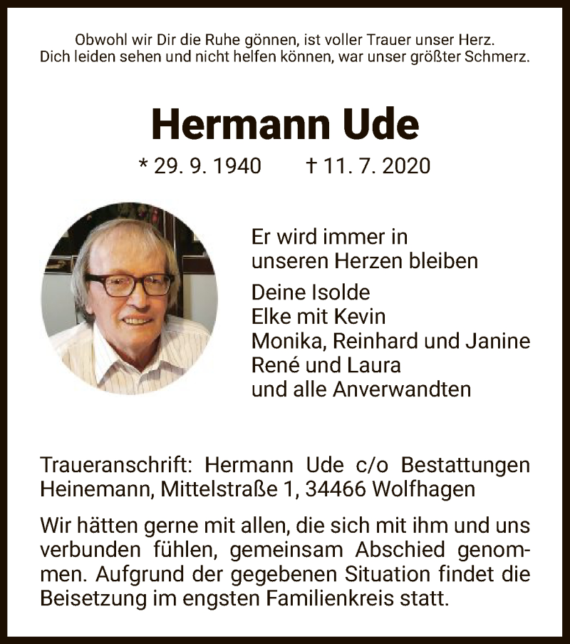  Traueranzeige für Hermann Ude vom 18.07.2020 aus HNA