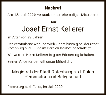Traueranzeige von Josef Ernst Kellerer von HNA