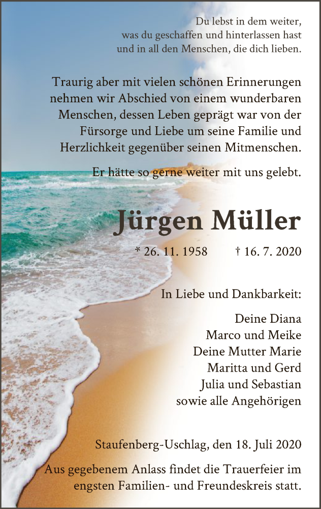  Traueranzeige für Jürgen Müller vom 18.07.2020 aus HNA