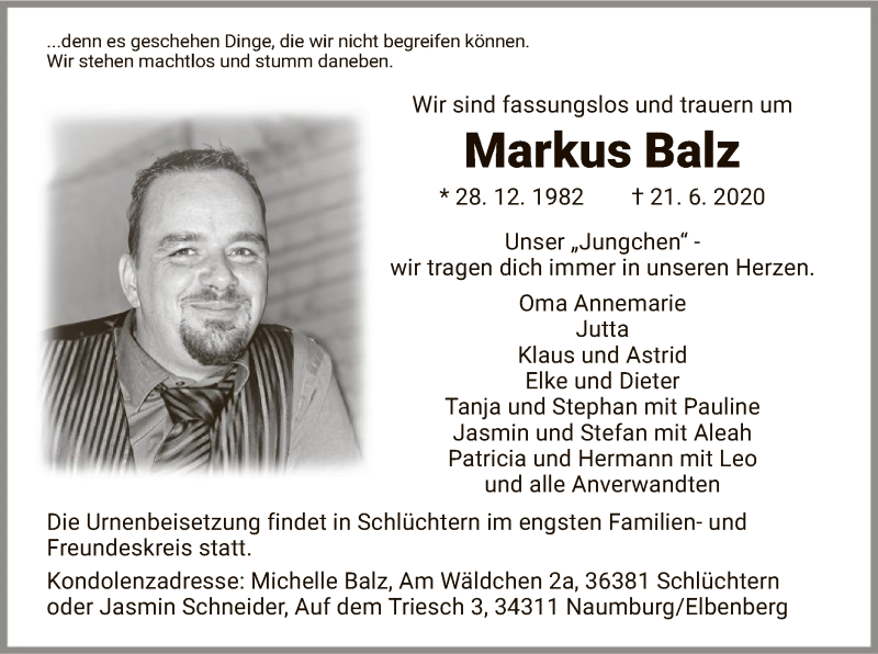  Traueranzeige für Markus Balz vom 01.07.2020 aus HNA