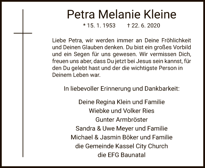  Traueranzeige für Petra Melanie Kleine vom 11.07.2020 aus HNA