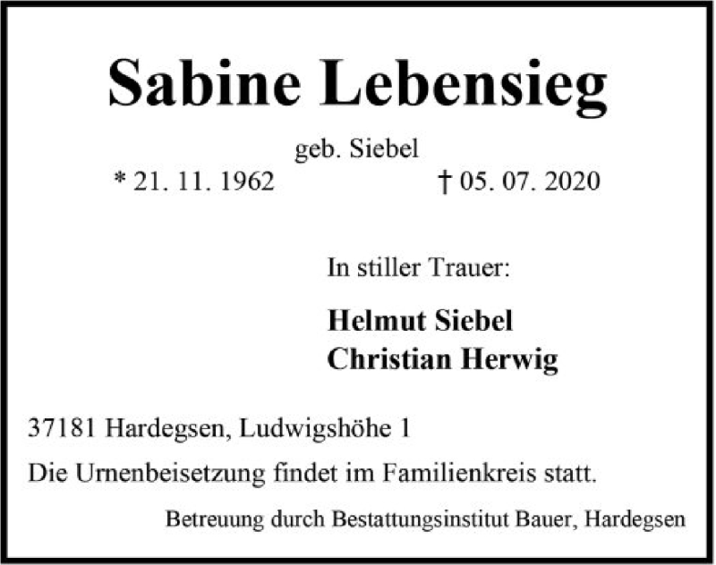  Traueranzeige für Sabine Lebensieg vom 11.07.2020 aus HNA