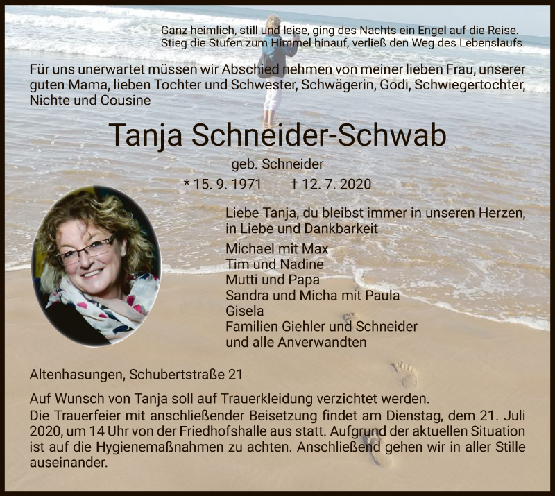  Traueranzeige für Tanja Schneider-Schwab vom 18.07.2020 aus HNA