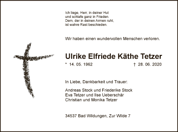 Traueranzeige von Ulrike Elfriede Käthe Tetzer von WLZ
