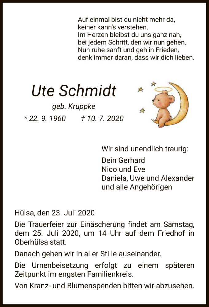  Traueranzeige für Ute Schmidt vom 23.07.2020 aus HNA