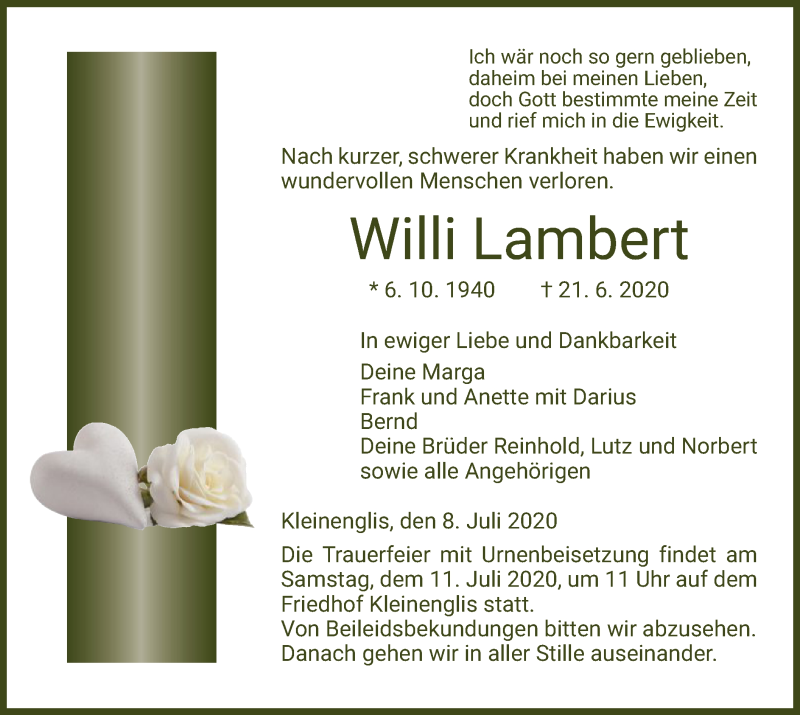  Traueranzeige für Willi Lambert vom 08.07.2020 aus HNA