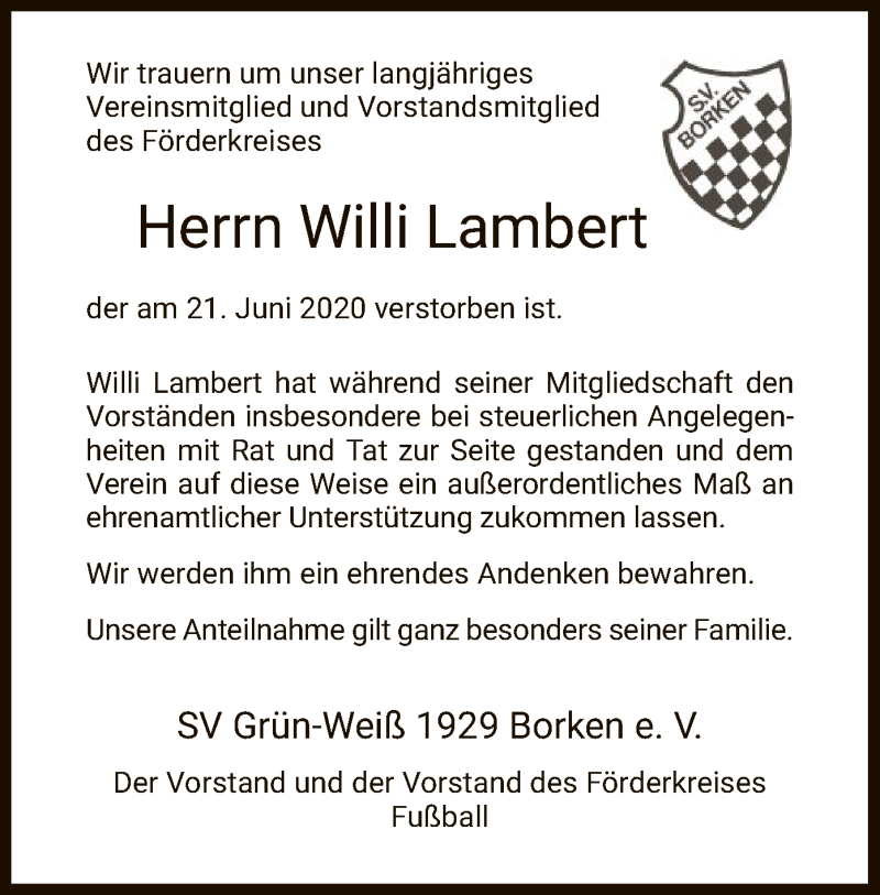  Traueranzeige für Willi Lambert vom 11.07.2020 aus HNA
