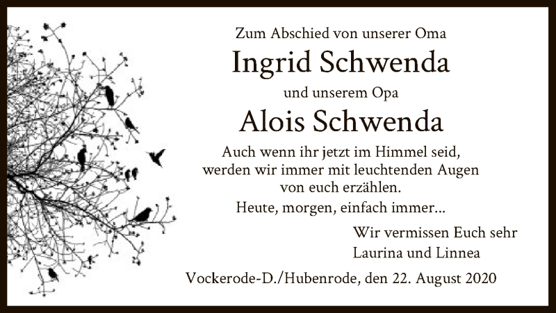  Traueranzeige für Alois und Ingrid Schwenda vom 22.08.2020 aus HNA