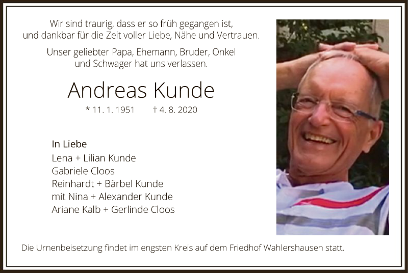  Traueranzeige für Andreas Kunde vom 22.08.2020 aus HNA