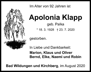 Traueranzeige von Apolonia Klapp von HNA