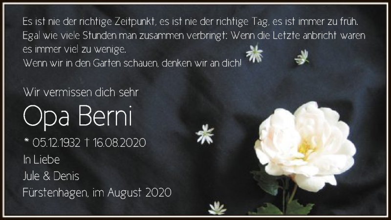  Traueranzeige für Bernd Engelmohr vom 22.08.2020 aus HNA