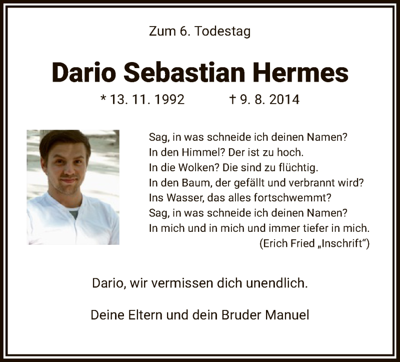  Traueranzeige für Dario Sebastian Hermes vom 08.08.2020 aus HNA