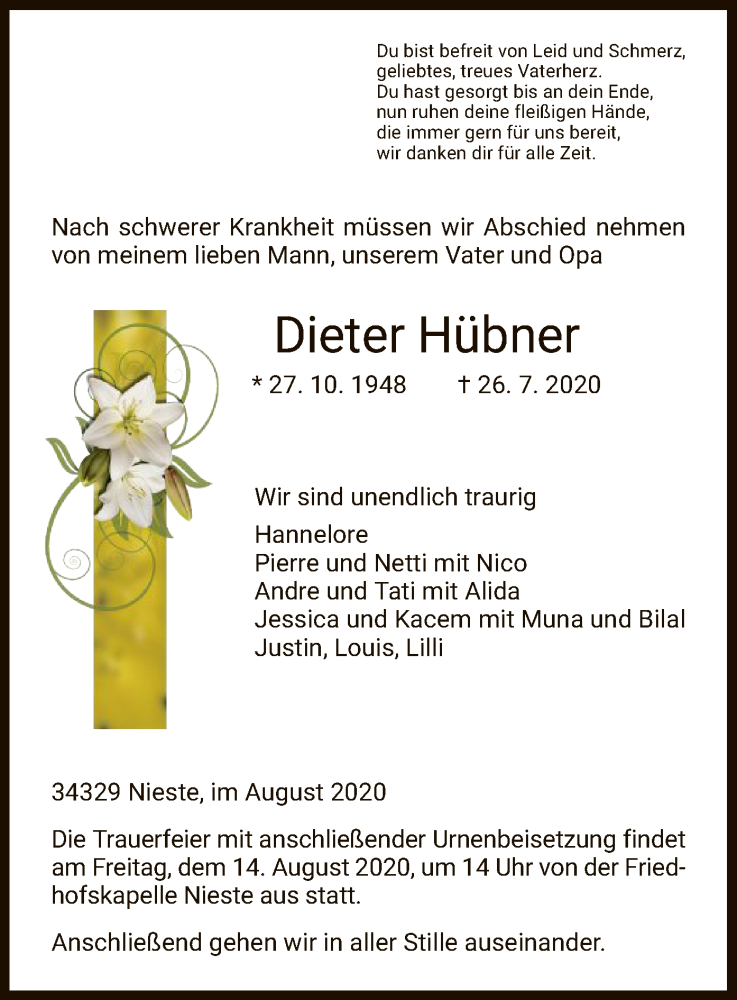  Traueranzeige für Dieter Hübner vom 11.08.2020 aus HNA