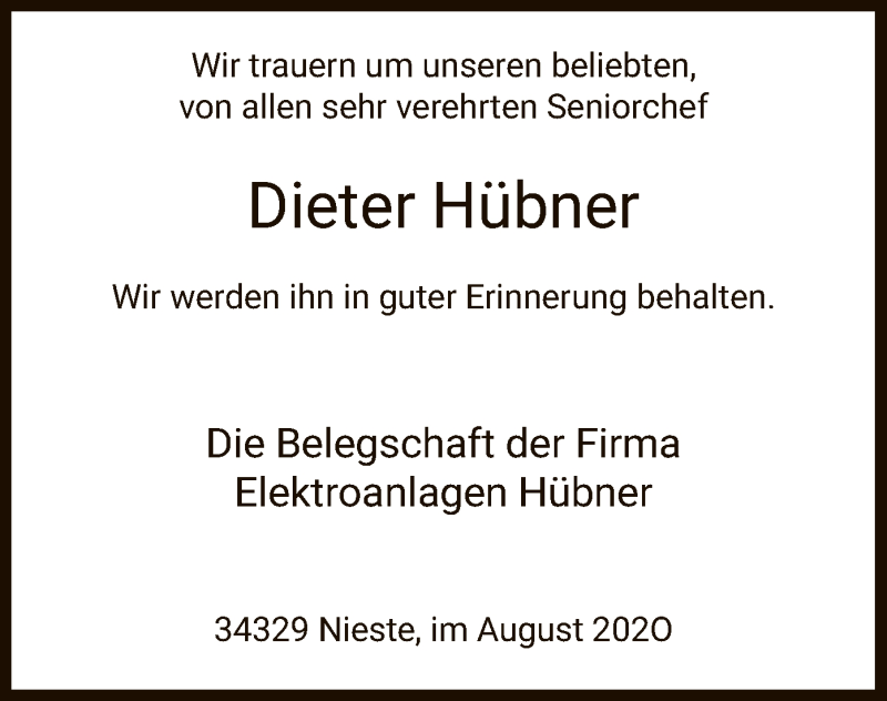  Traueranzeige für Dieter Hübner vom 11.08.2020 aus HNA