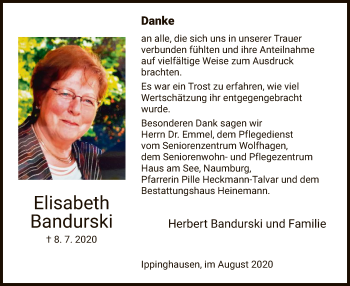 Traueranzeige von Elisabeth Bandurski von HNA