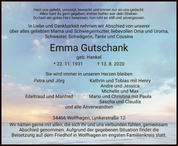 Traueranzeige von Emma Gutschank von HNA