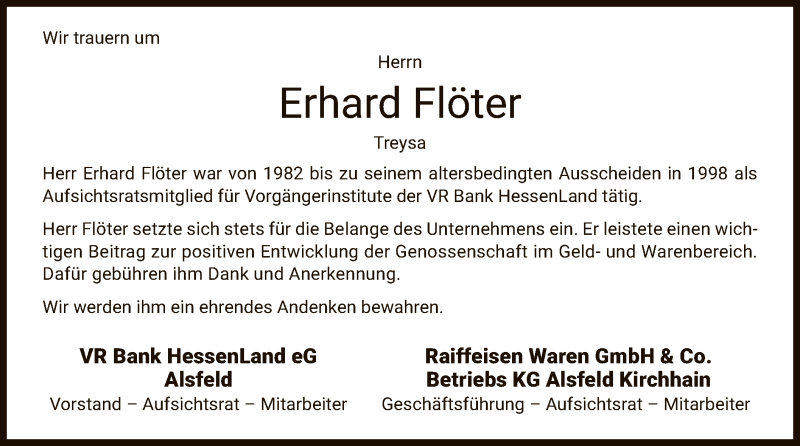  Traueranzeige für Erhard Flöter vom 27.08.2020 aus HNA