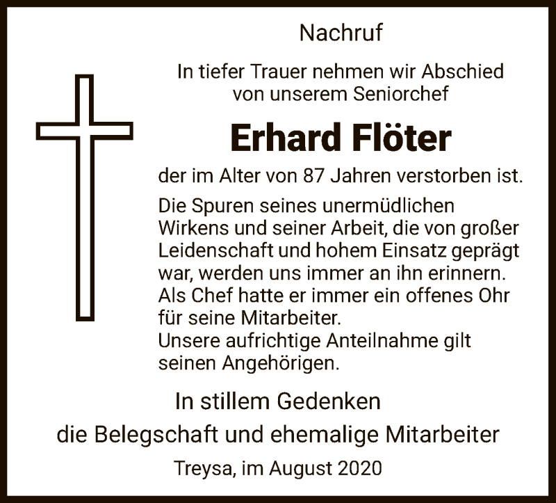  Traueranzeige für Erhard Flöter vom 28.08.2020 aus HNA