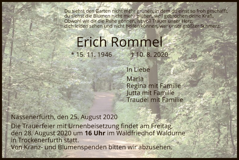  Traueranzeige für Erich Rommel vom 25.08.2020 aus HNA