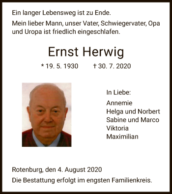 Traueranzeige von Ernst Herwig von HNA