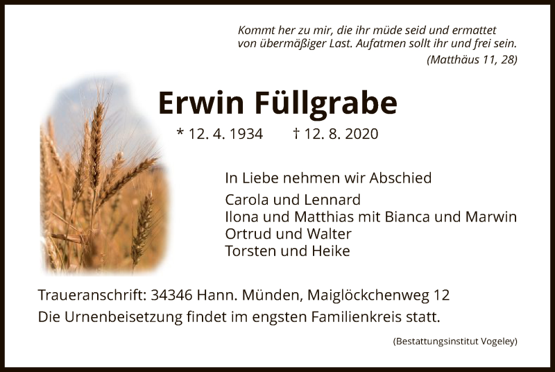  Traueranzeige für Erwin Füllgrabe vom 22.08.2020 aus HNA