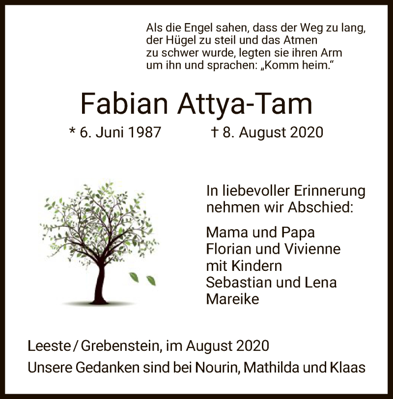  Traueranzeige für Fabian Attya-Tam vom 15.08.2020 aus HNA