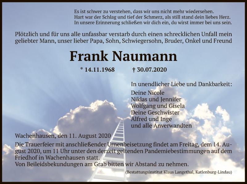  Traueranzeige für Frank Naumann vom 11.08.2020 aus HNA