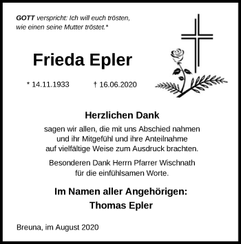 Traueranzeige von Frieda Epler von HNA