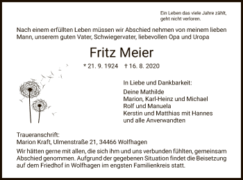 Traueranzeige von Fritz Meier von HNA