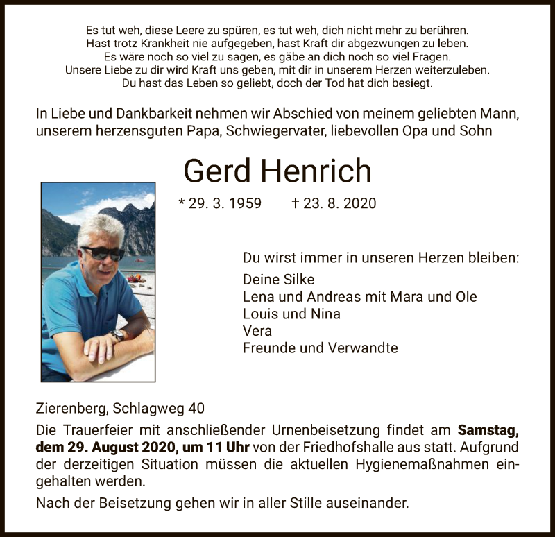  Traueranzeige für Gerd Henrich vom 26.08.2020 aus HNA