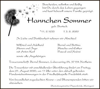 Traueranzeige von Hannchen Sommer von HNA