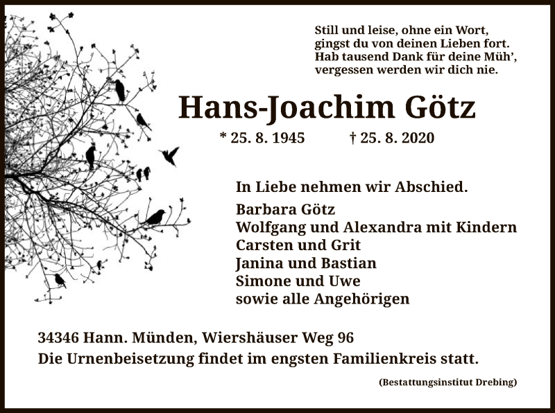  Traueranzeige für Hans-Joachim Götz vom 29.08.2020 aus HNA